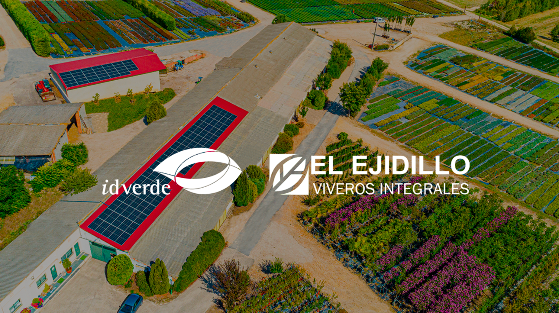Luftfoto af El Ejidillos planteskole i Spanien med solcellepaneler på taget og idverde og El Ejidillo logoer