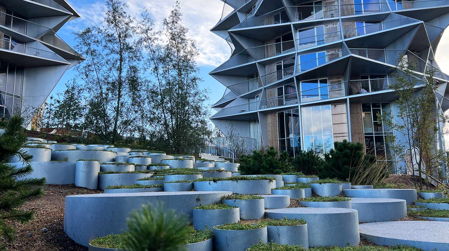 Cylinderformede betonplantekummer i varierende højder skaber et grønt terrasseanlæg ved boligbebyggelsen Kaktustårnene.